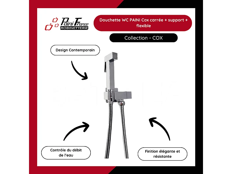 Douchette WC PAINI Cox carrée Chrome + support + flexible