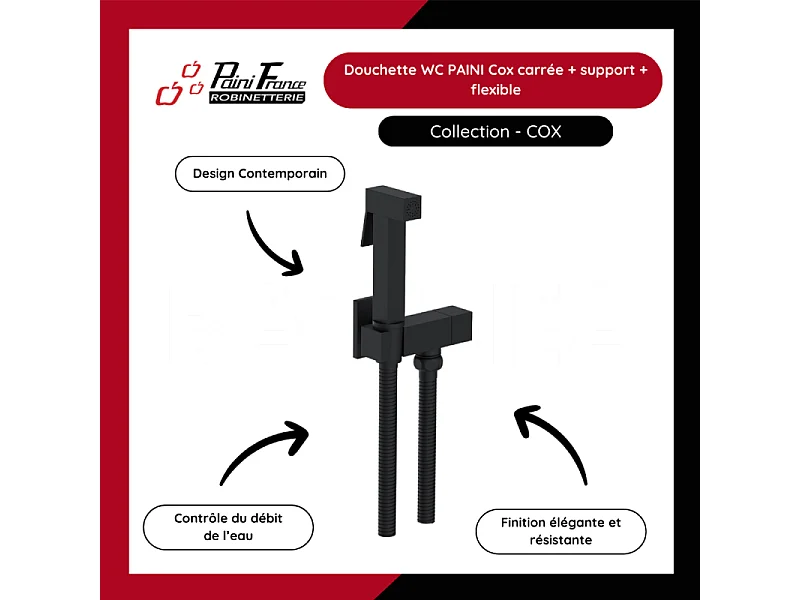 Douchette WC PAINI Cox carrée Noir Mat + support + flexible