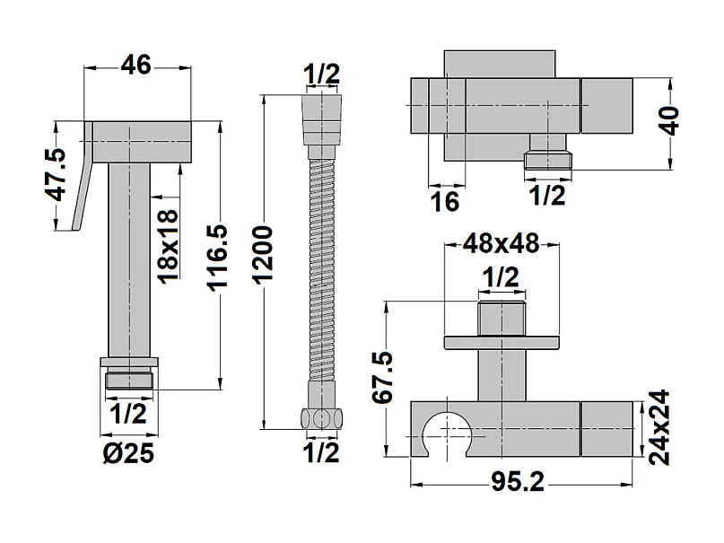 Douchette WC PAINI Cox carrée Noir Mat + support + flexible