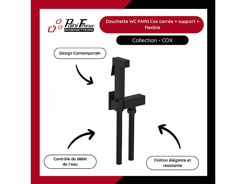 Douchette WC PAINI Cox carrée Noir Mat + support + flexible