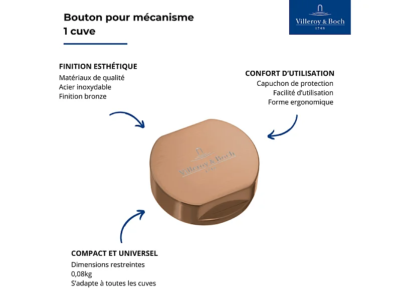Bouton pour mécanisme 1 cuve, VILLEROY & BOCH en acier inoxydable finition bronze