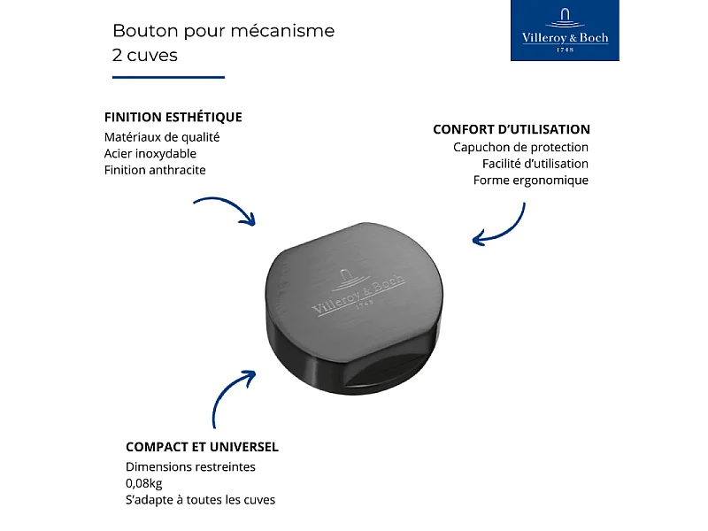 Bouton pour mécanisme 2 cuves, VILLEROY & BOCH en acier inoxydable finition anthracite
