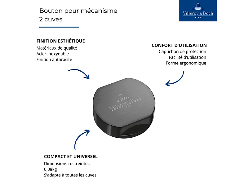 Bouton pour mécanisme 2 cuves, VILLEROY & BOCH en acier inoxydable finition anthracite