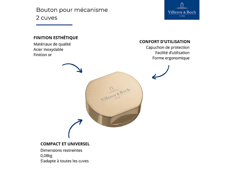 Bouton pour mécanisme 2 cuves, VILLEROY & BOCH en acier inoxydable finition or mat
