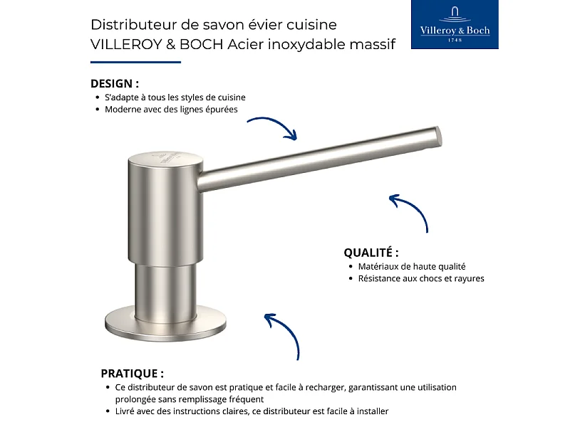 Distributeur de savon évier cuisine VILLEROY & BOCH Acier inoxydable massif