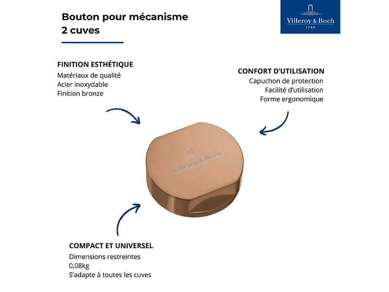 Bouton pour mécanisme 2 cuves, VILLEROY & BOCH en acier inoxydable finition bronze