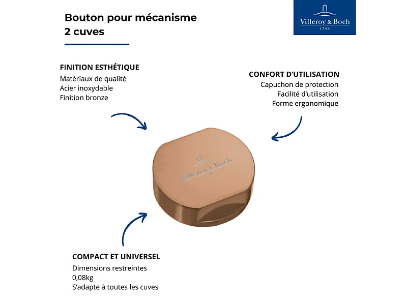 Bouton pour mécanisme 2 cuves, VILLEROY & BOCH en acier inoxydable finition bronze