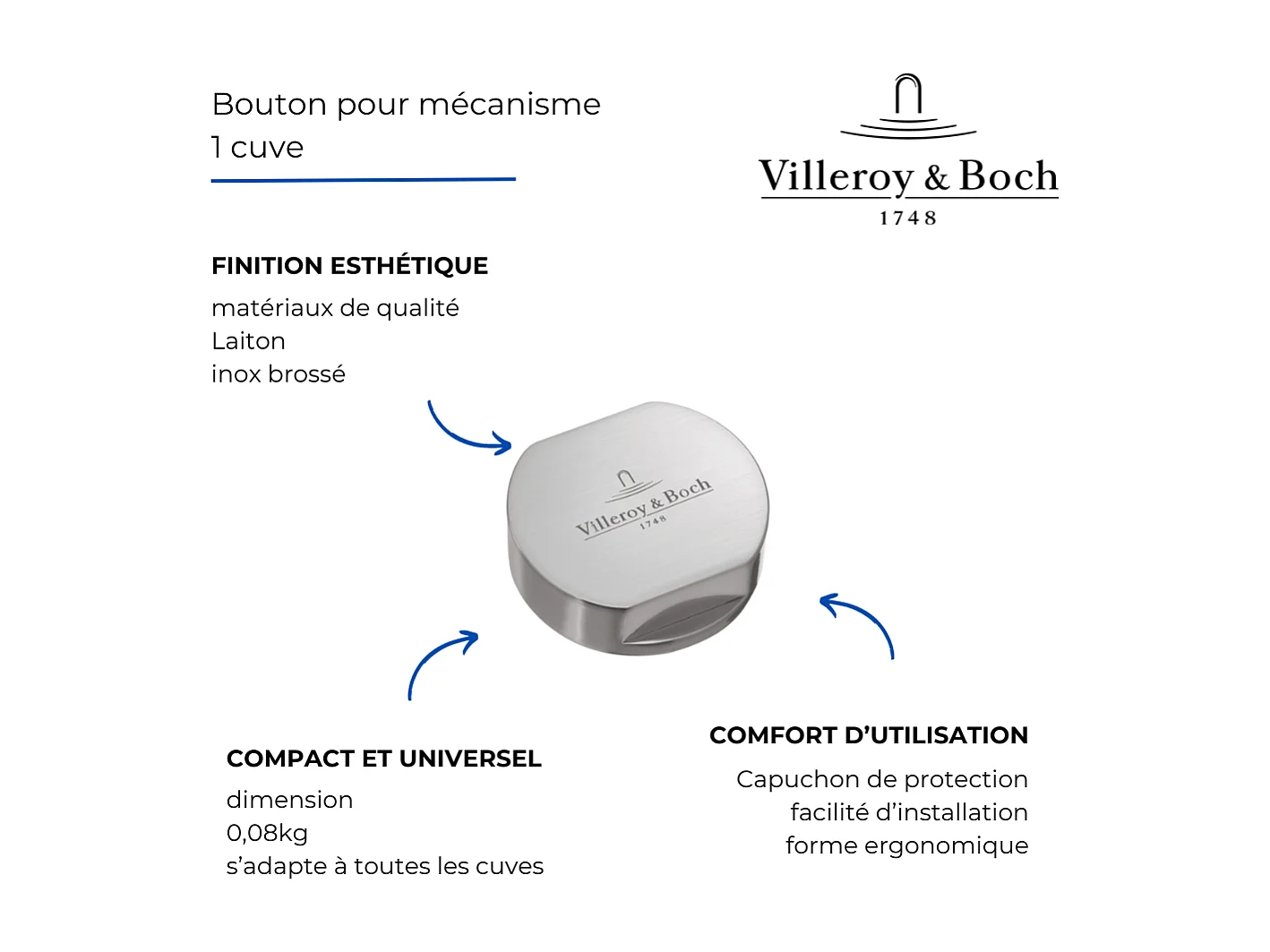 Bouton pour mécanisme 2 cuves, VILLEROY & BOCH en laiton finition inox brossé