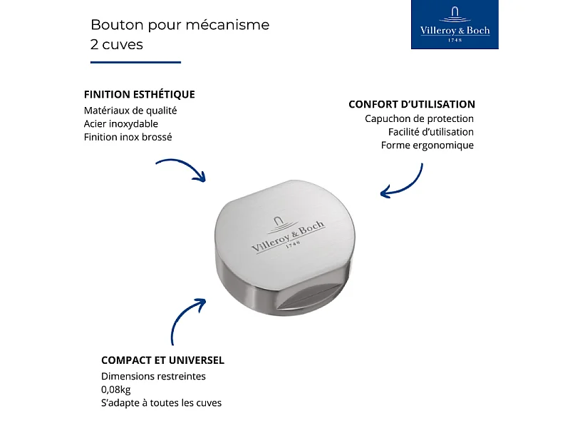 Bouton pour mécanisme 2 cuves, VILLEROY & BOCH en laiton finition inox brossé