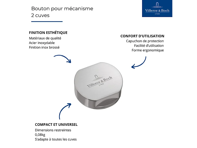Bouton pour mécanisme 2 cuves, VILLEROY & BOCH en laiton finition inox brossé