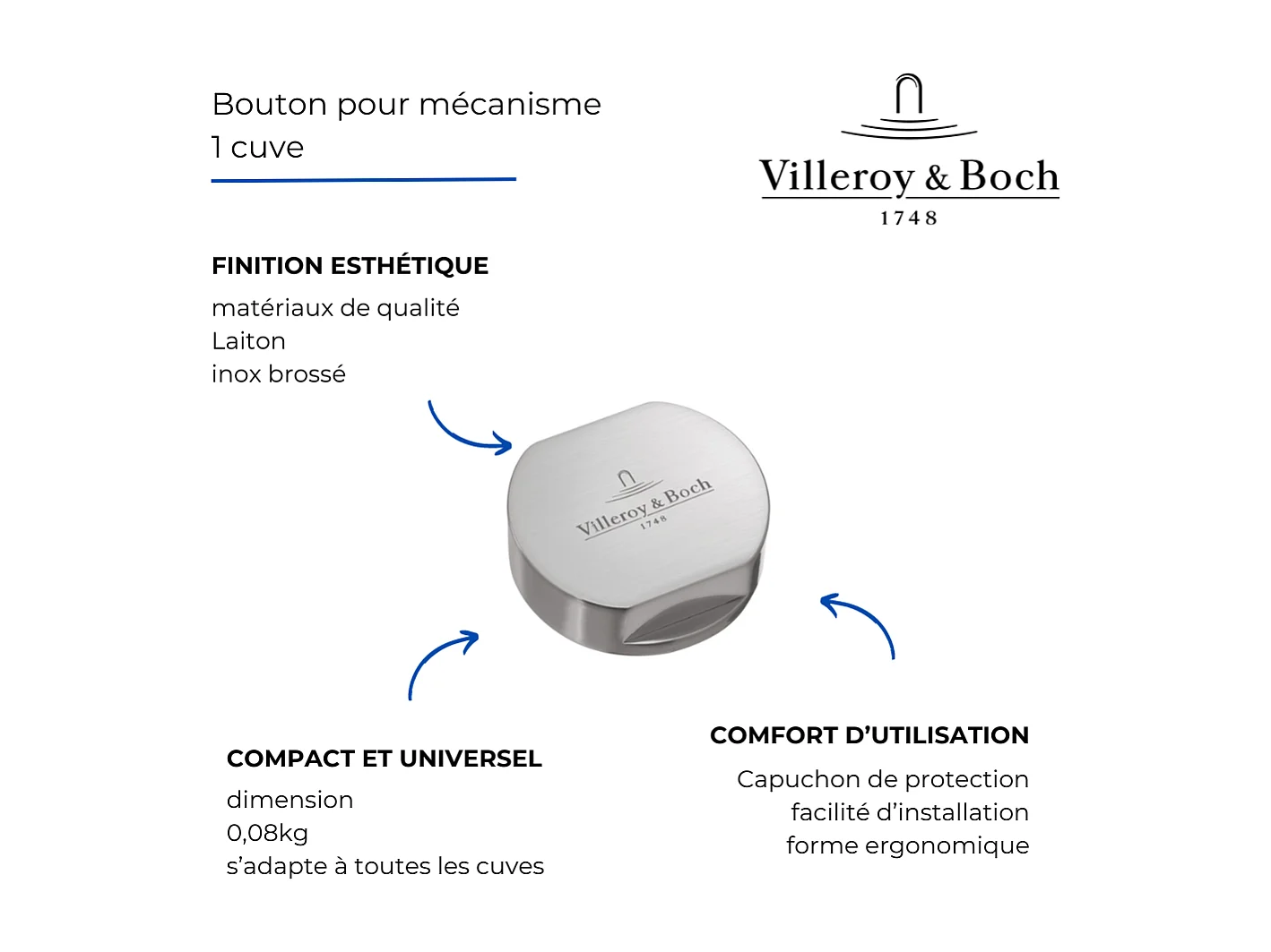 Bouton pour mécanisme 2 cuves, VILLEROY & BOCH en laiton finition inox brossé