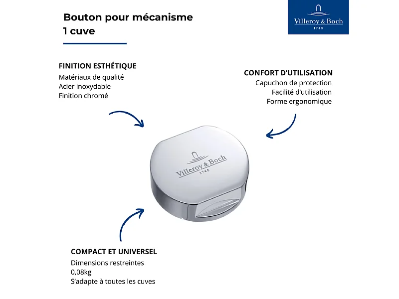 Bouton pour vidage évier 1 cuve VILLEROY & BOCH finition chromé