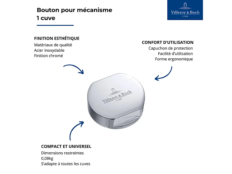 Bouton pour vidage évier 1 cuve VILLEROY & BOCH finition chromé