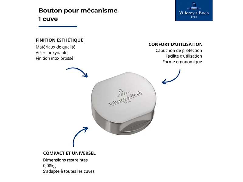 Bouton pour vidage évier 1 cuve VILLEROY & BOCH finition inox brossé