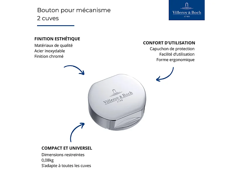 Bouton pour mécanisme 2 cuves, VILLEROY & BOCH en laiton finition chromé