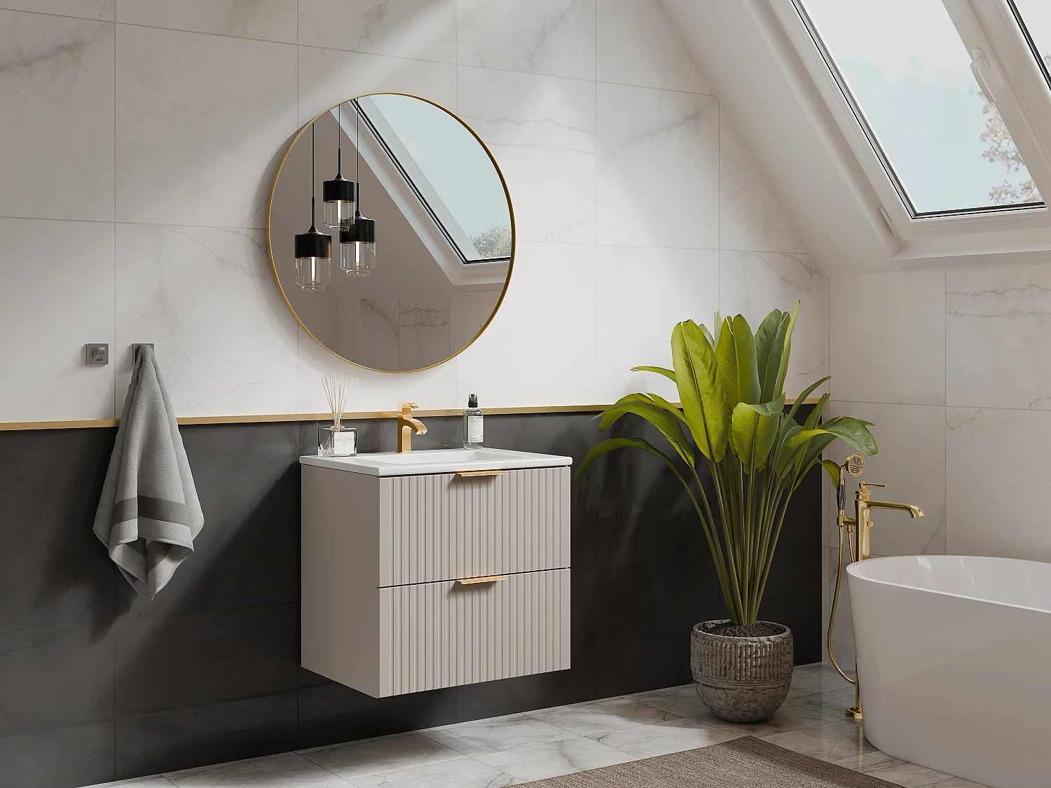 Meuble sous vasque suspendu strié - Beige - L60 cm - ZEVARA