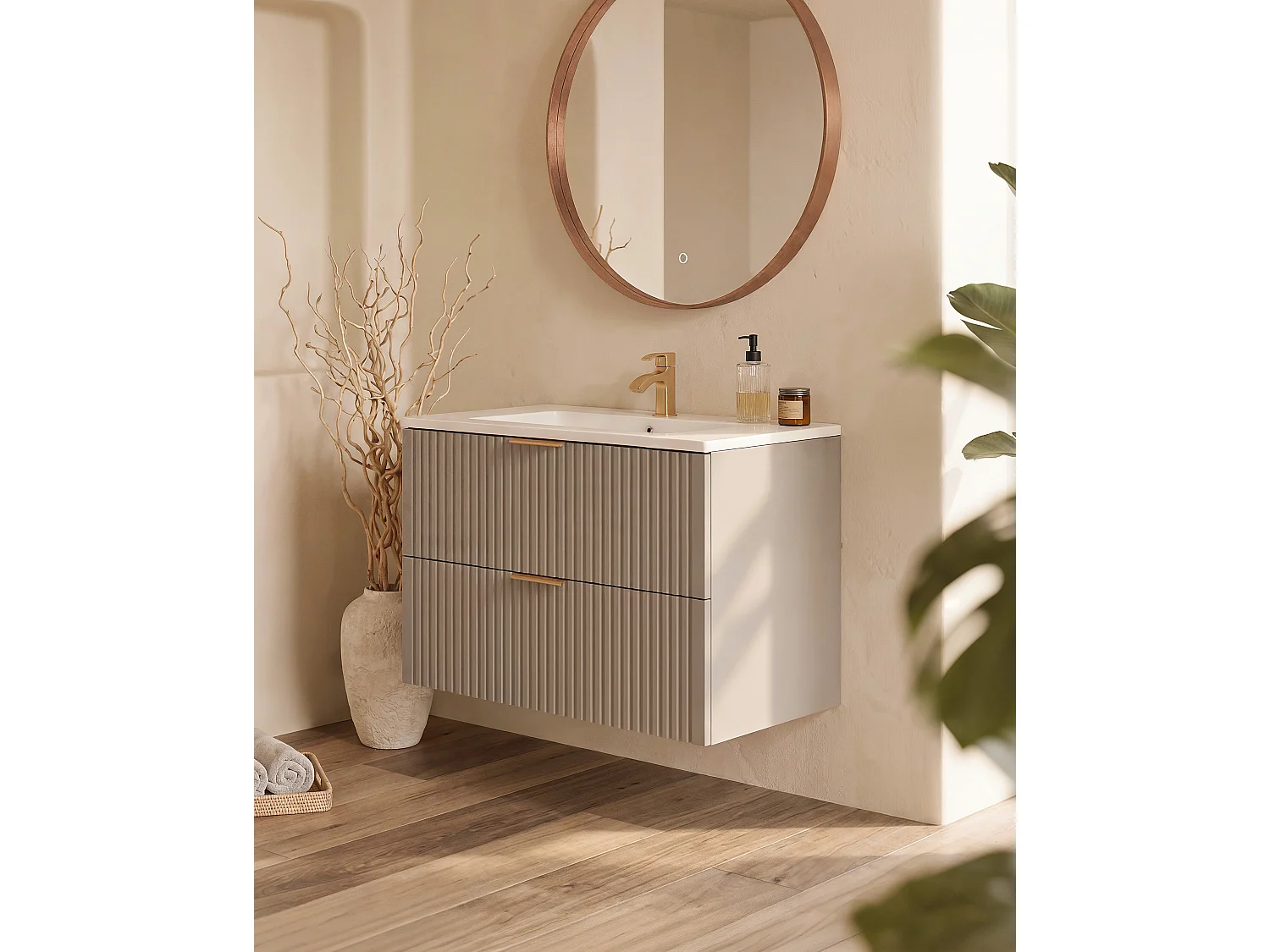 Waschbeckenunterschrank hängend - Streifenoptik - Beige - 80 cm - ZEVARA