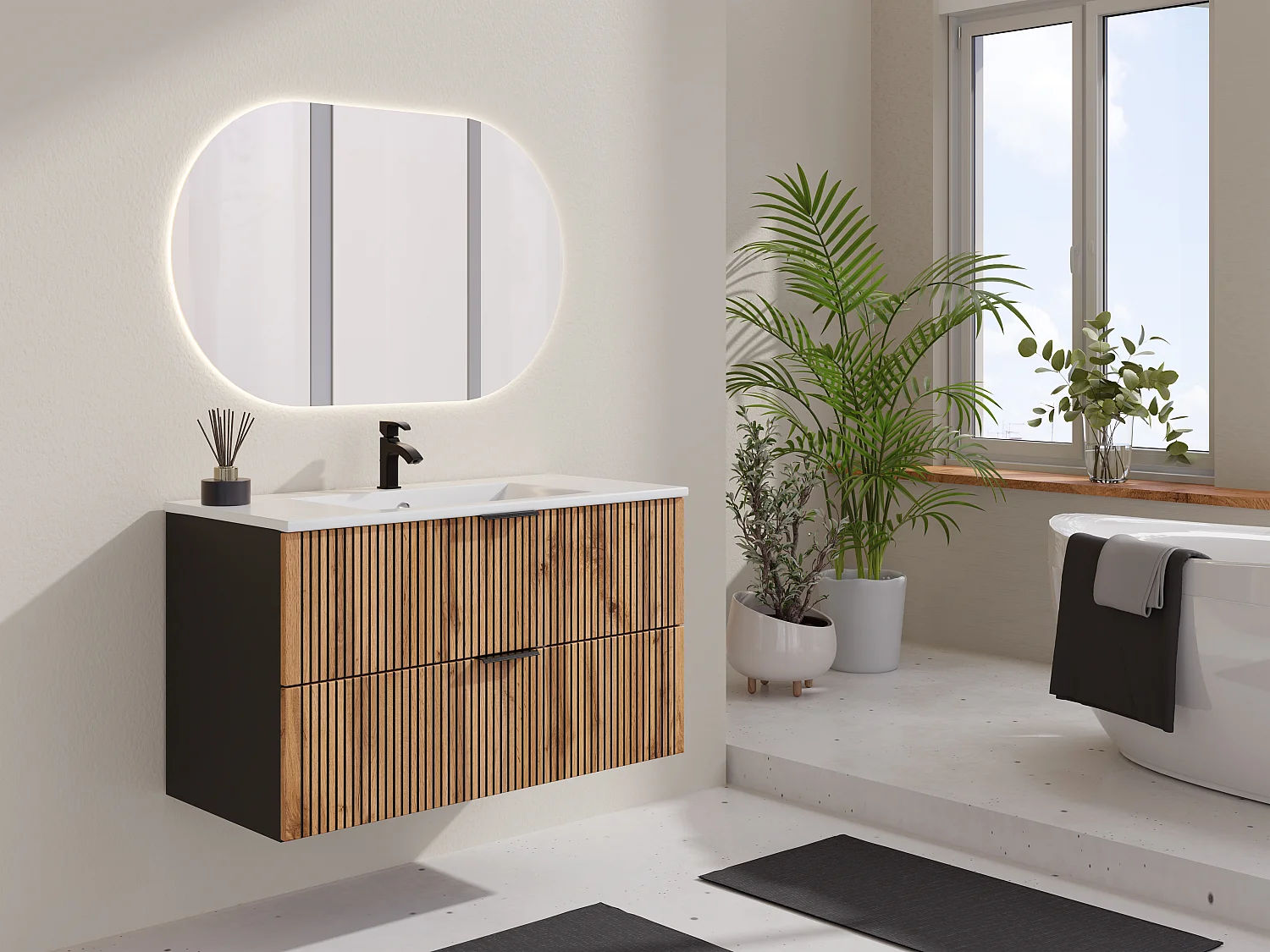 Meuble sous vasque suspendu strié - Naturel clair et noir - 100 cm - MADELA