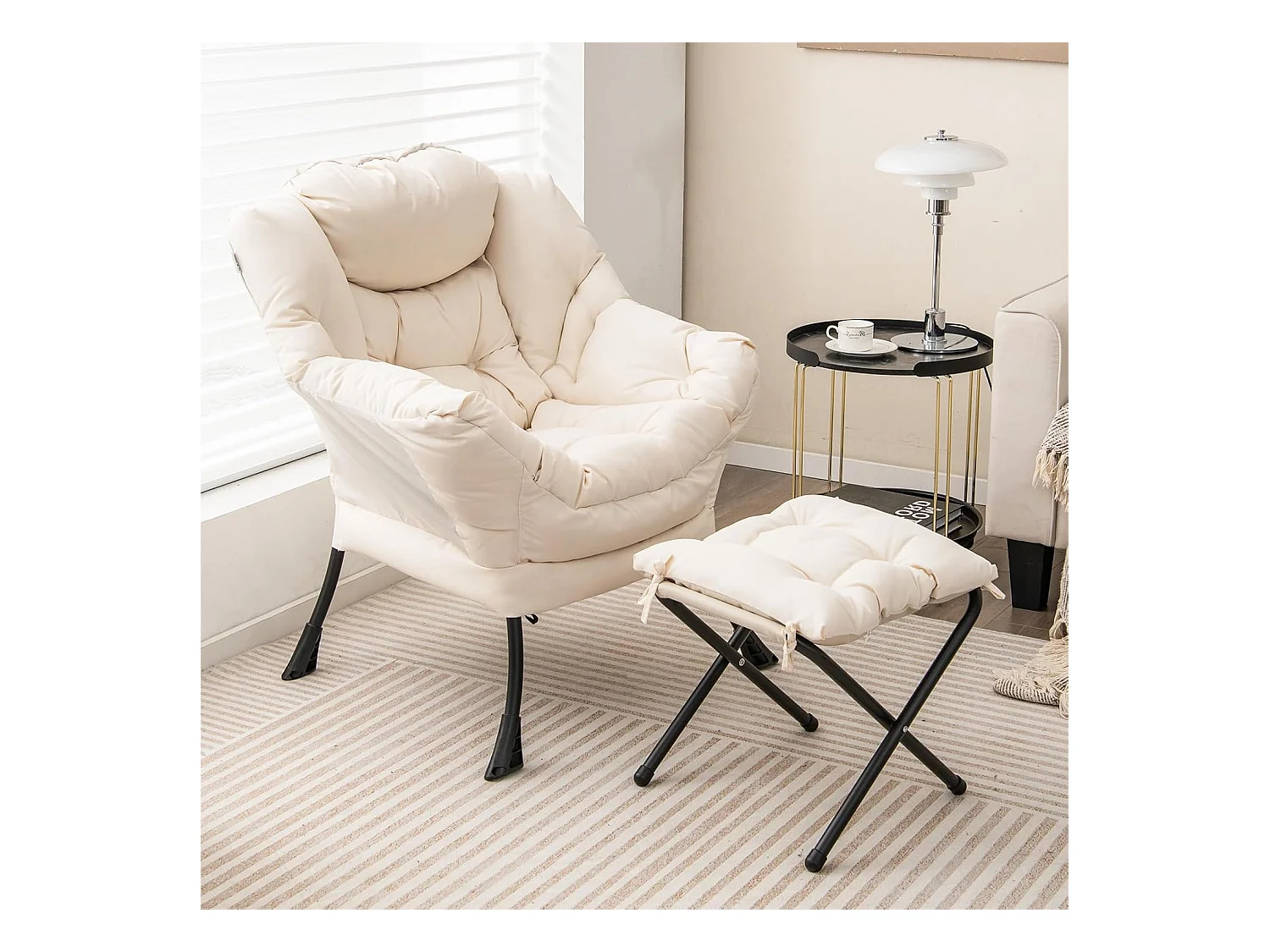 Fauteuil Salon Scandinave avec Repose-Pieds, Fauteuil Relax avec Oreiller et Poche Latérale, Fauteuil Chambre Confortable pour Lecture, Cadre en Métal pour Charger de 150 KG, Beige