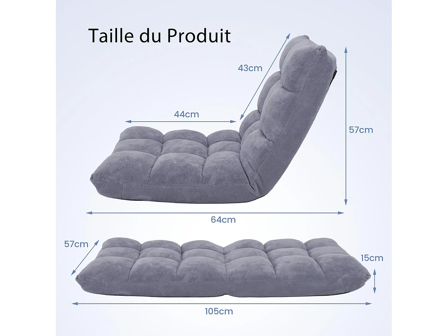 Canapé Paresseux Tatami Pliable Chaise de Plancher Coussin de Chaise de Lit Siège de Sol pour Maison, Bureau 105 x 57 x 15 cm (Gris)