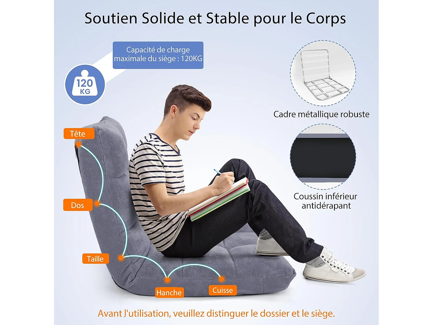 Canapé Paresseux Tatami Pliable Chaise de Plancher Coussin de Chaise de Lit Siège de Sol pour Maison, Bureau 105 x 57 x 15 cm (Gris)