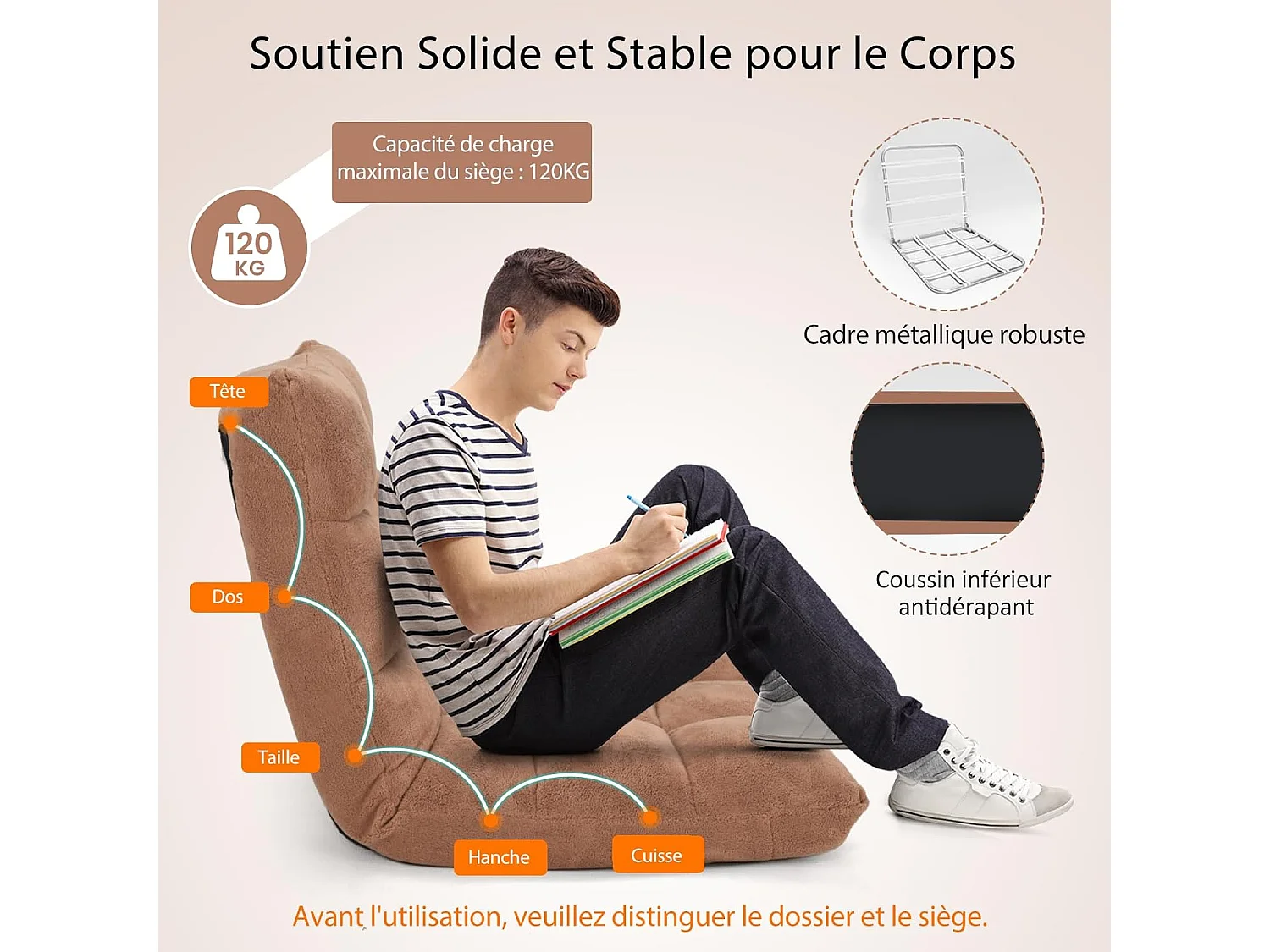 Canapé Paresseux Tatami Pliable Chaise de Plancher Coussin de Chaise de Lit Siège de Sol pour Maison, Bureau 105 x 57 x 15 cm (Jaune)