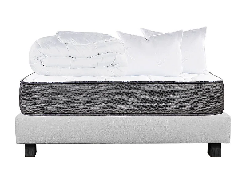 ZENITH - Pack Matelas + Sommier Tapissier Gris 140x200 cm + 2 Oreillers + 1 Couette