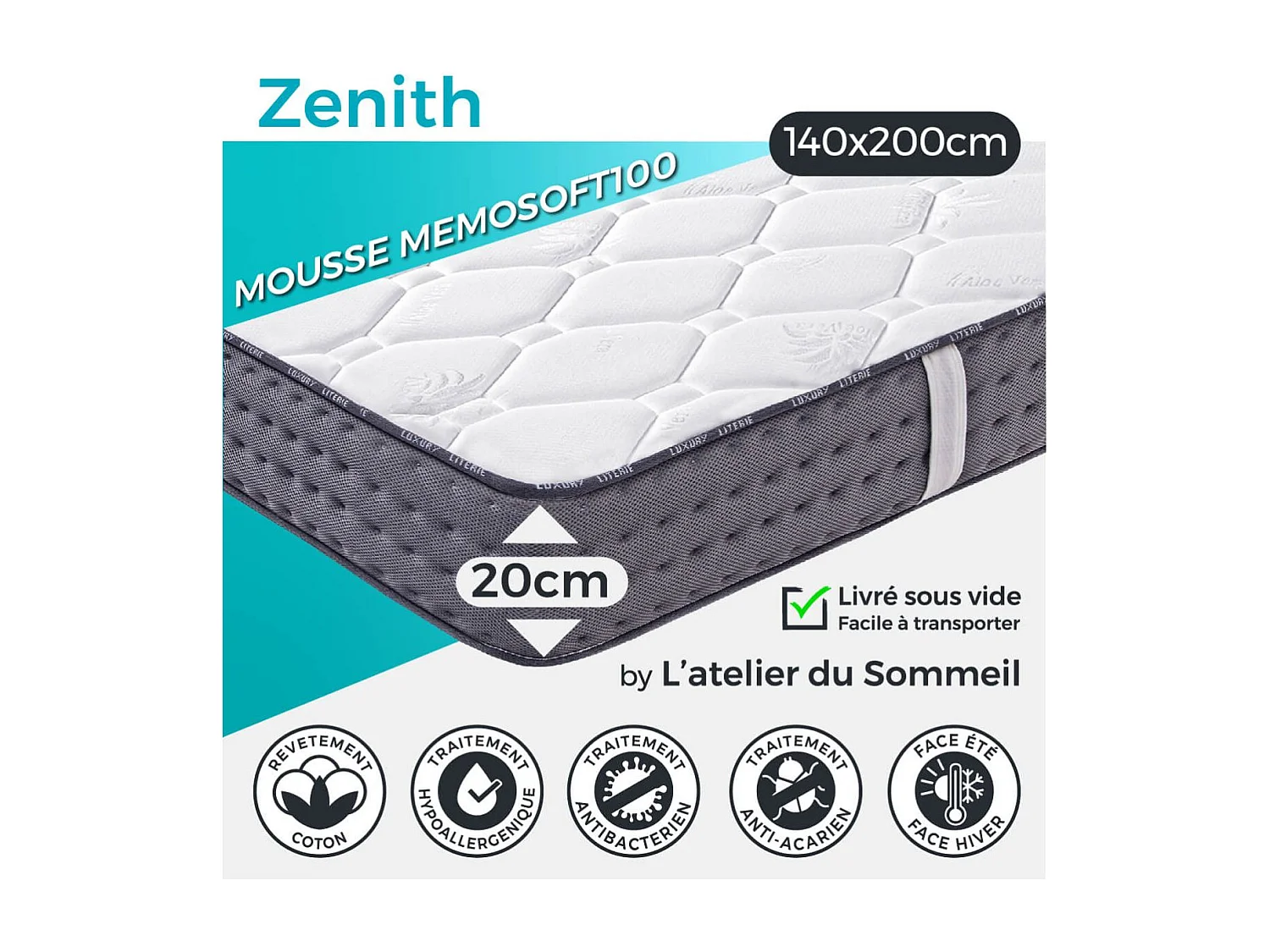 ZENITH - Pack Matelas + Sommier Tapissier Gris 140x200 cm + 2 Oreillers + 1 Couette