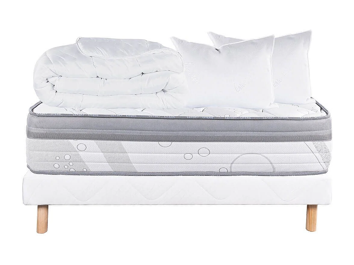 REINALD - Pack Matelas + Sommier Tapissier Blanc 160x200 cm + 2 Oreillers + 1 Couette