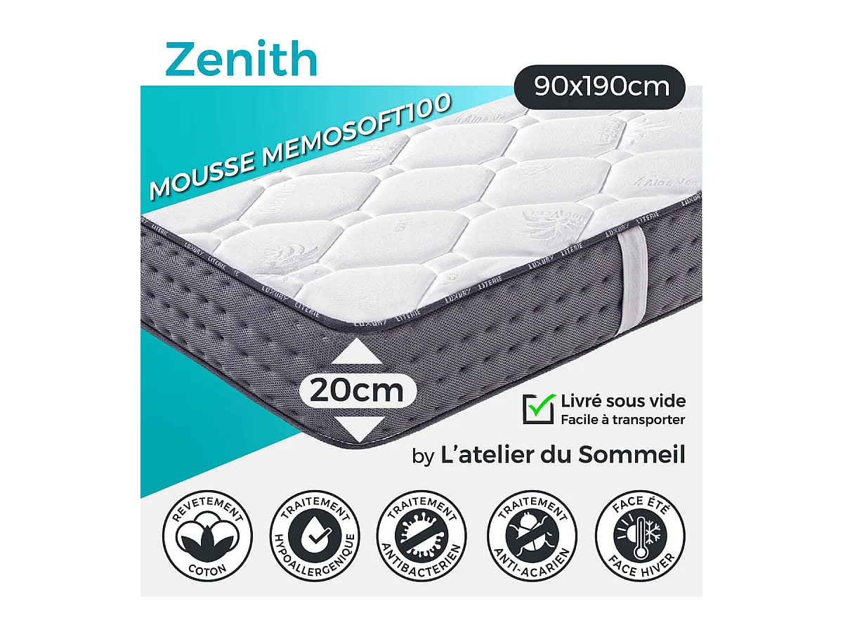 ZENITH - Ensemble Matelas Mousse Ep.20cm + Sommier Tapissier Blanc 90x190 cm
