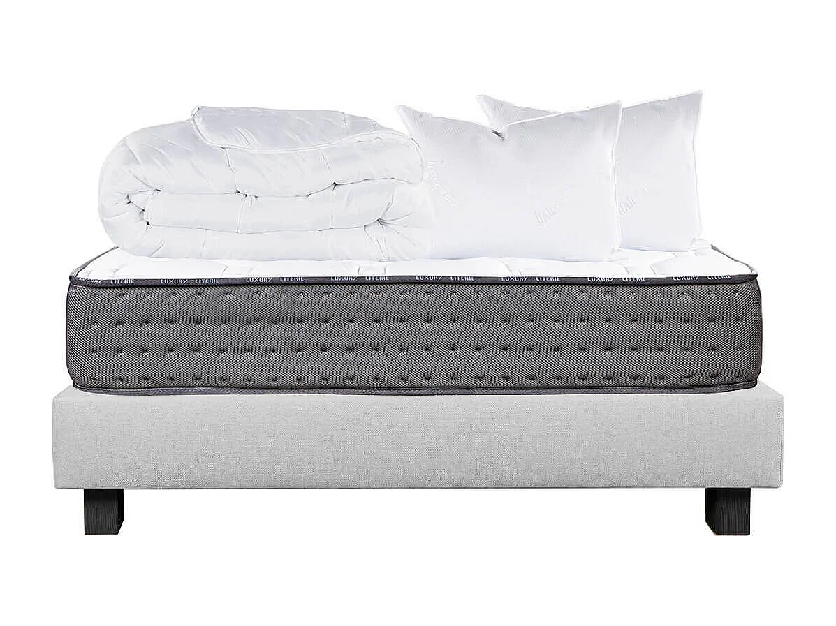 ZENITH - Pack Matelas + Sommier Tapissier Gris 160x200 cm + 2 Oreillers + 1 Couette