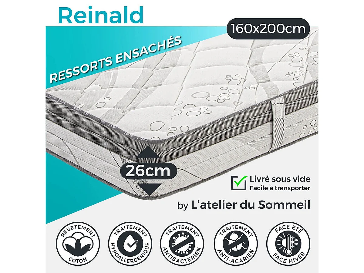 REINALD - Pack Matelas + Sommier Tapissier Gris 160x200 cm + 2 Oreillers + 1 Couette