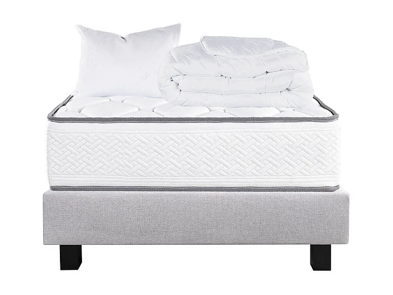 IZAC - Pack Matelas + Sommier Tapissier Gris 90x190 cm + 1 Oreillers + 1 Couette