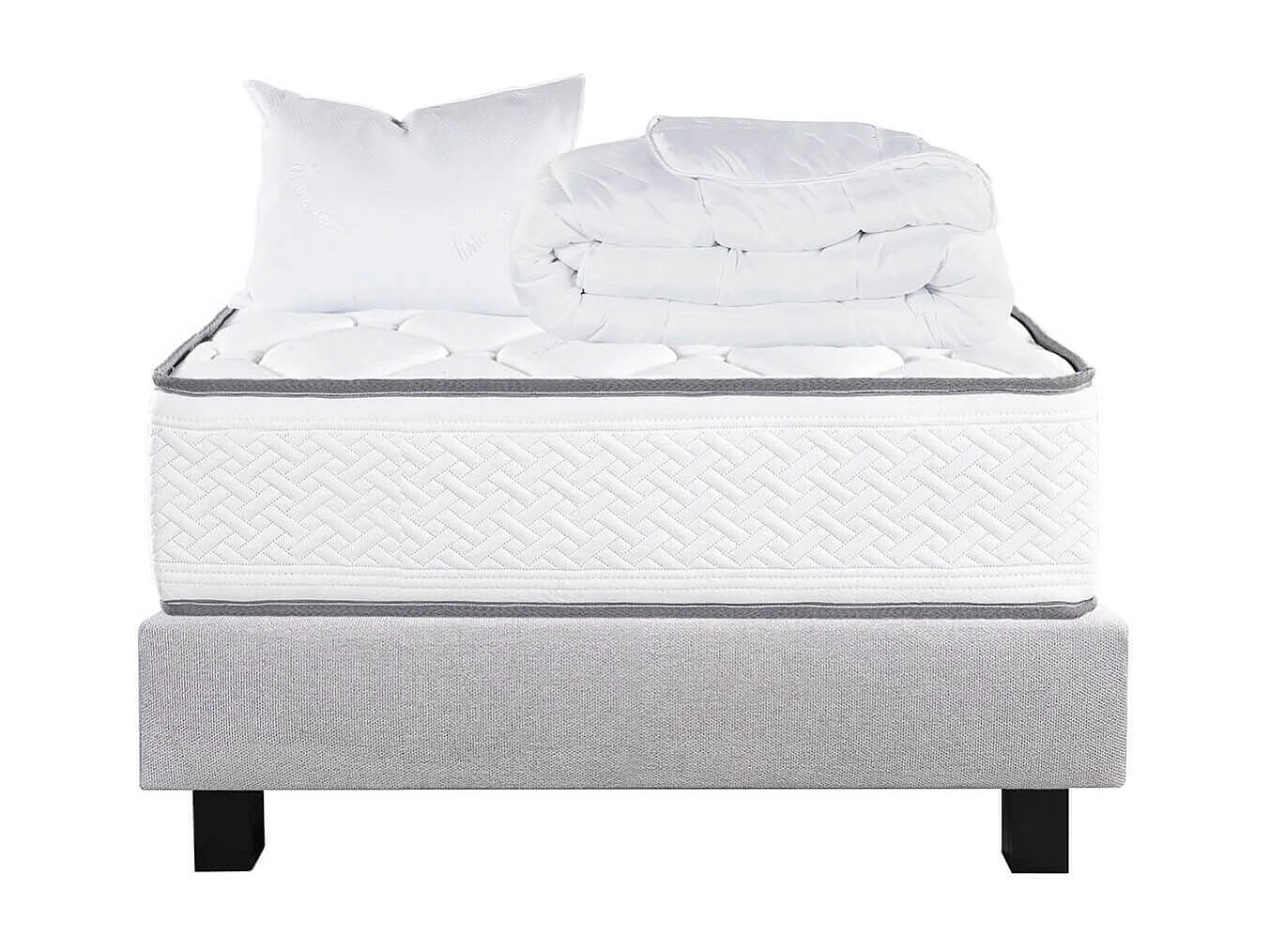 IZAC - Pack Matelas + Sommier Tapissier Gris 90x190 cm + 1 Oreillers + 1 Couette