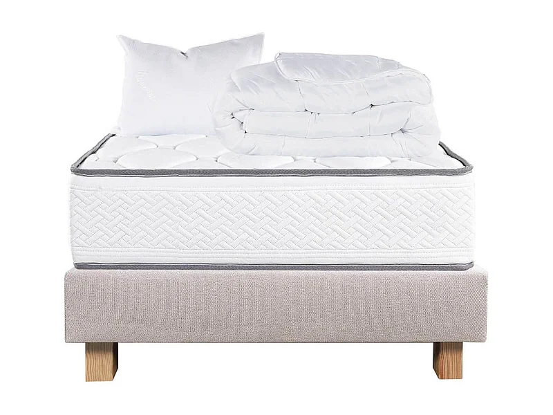 IZAC - Pack Matelas + Sommier Tapissier Beige 90x190 cm + 1 Oreiller + 1 Couette
