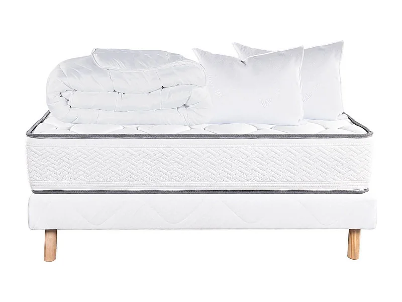 IZAC - Pack Matelas + Sommier Tapissier Blanc 140x190 cm + 2 Oreillers + 1 Couette