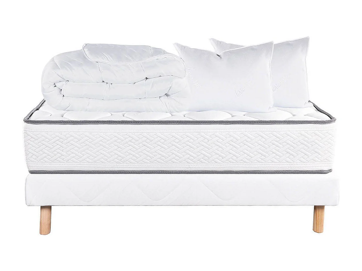 IZAC - Pack Matelas + Sommier Tapissier Blanc 140x190 cm + 2 Oreillers + 1 Couette