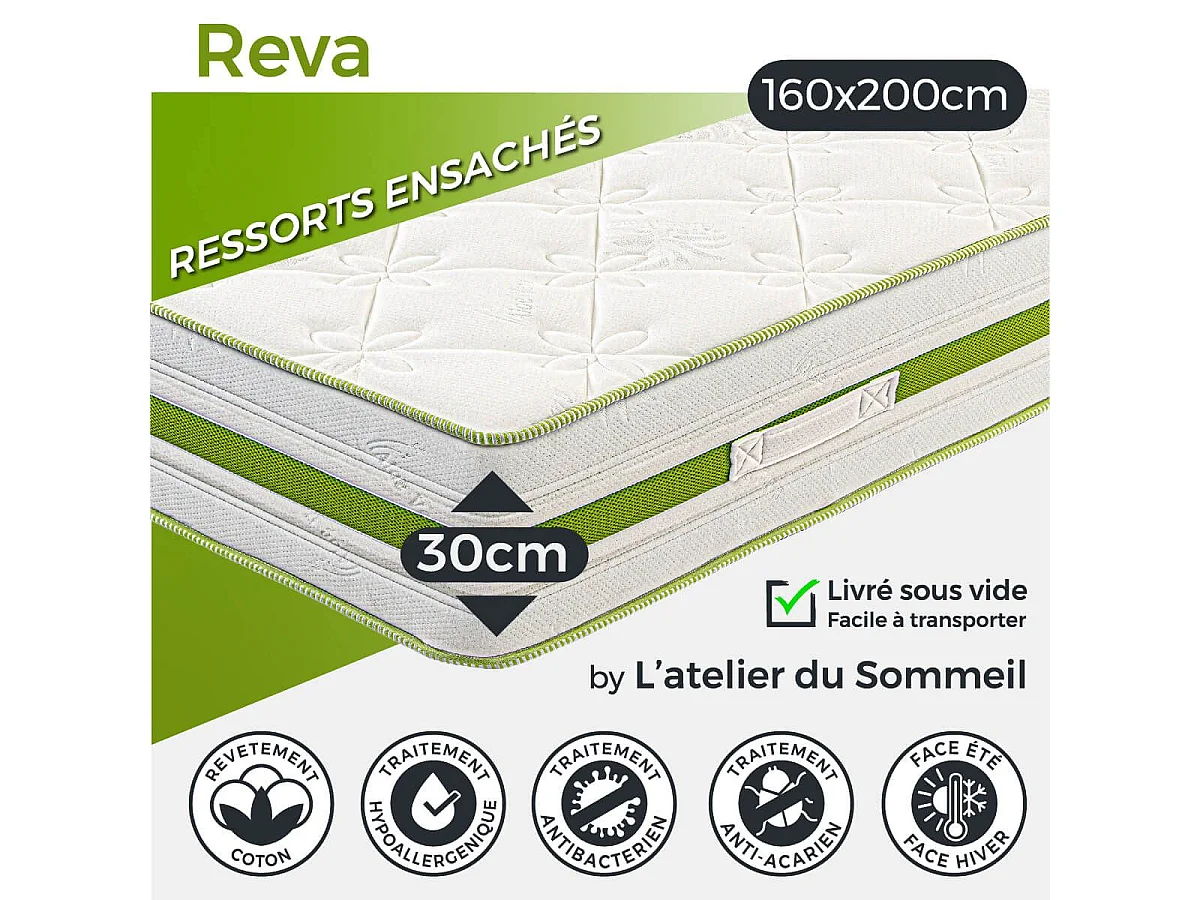 REVA - Ensemble Matelas Mousse Ep.30cm + Sommier Tapissier Gris 160x200 cm