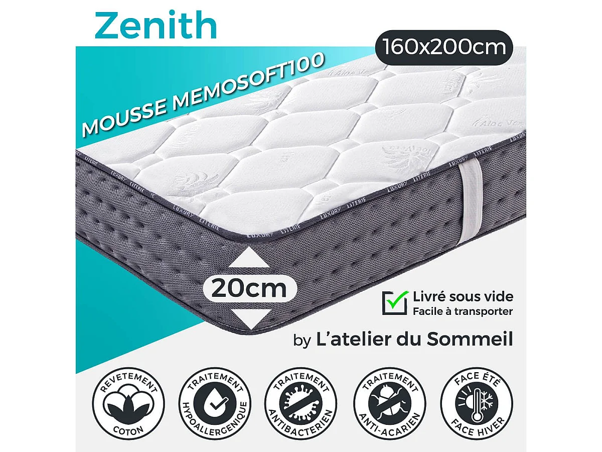 ZENITH - Ensemble Matelas Mousse Ep.20cm + Sommier Tapissier Gris 160x200 cm