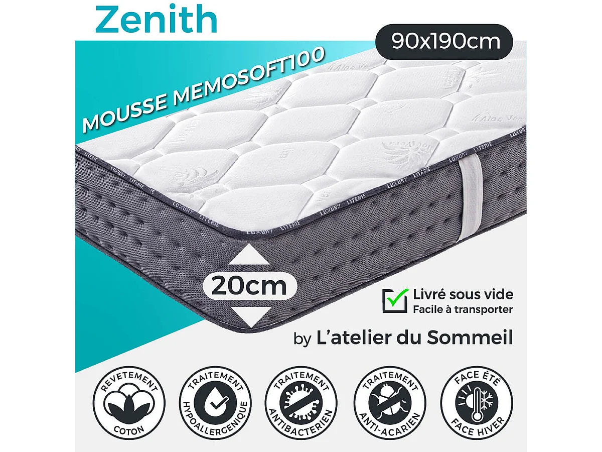 ZENITH - Pack Matelas + Sommier Tapissier Blanc 90x190 cm + 1 Oreiller + 1 Couette