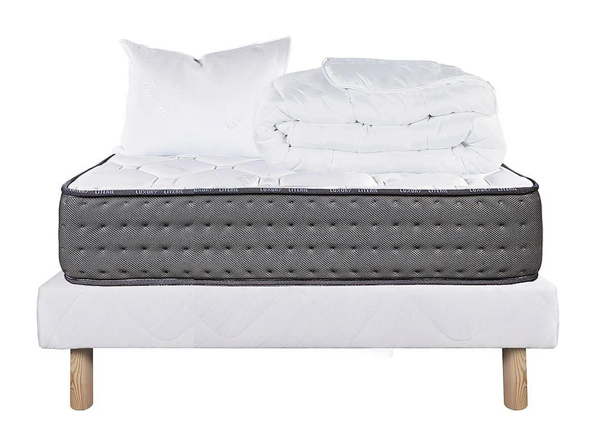 ZENITH - Pack Matelas + Sommier Tapissier Blanc 90x190 cm + 1 Oreiller + 1 Couette