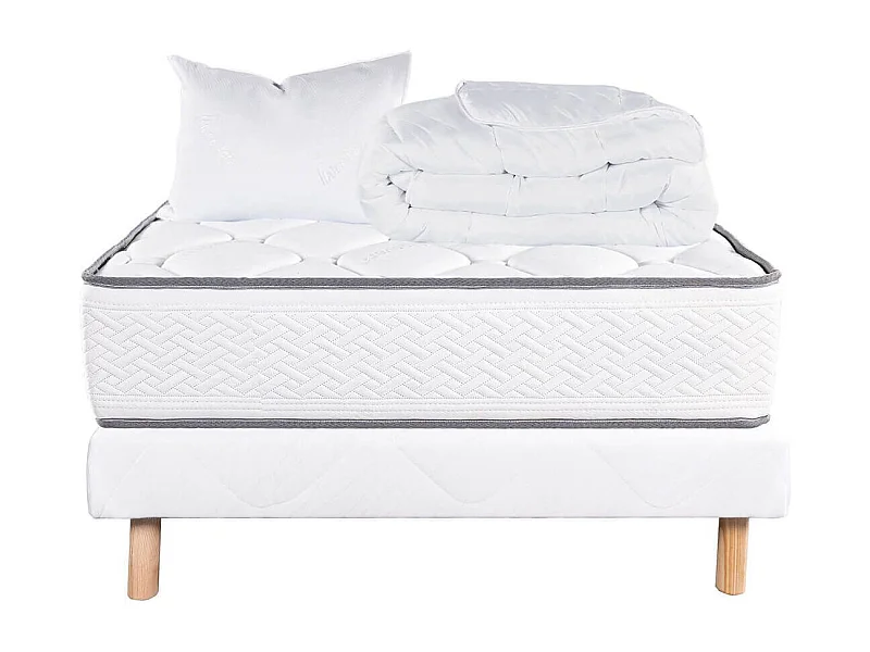 IZAC - Pack Matelas + Sommier Tapissier Blanc 90x190 cm + 1 Oreiller + 1 Couette