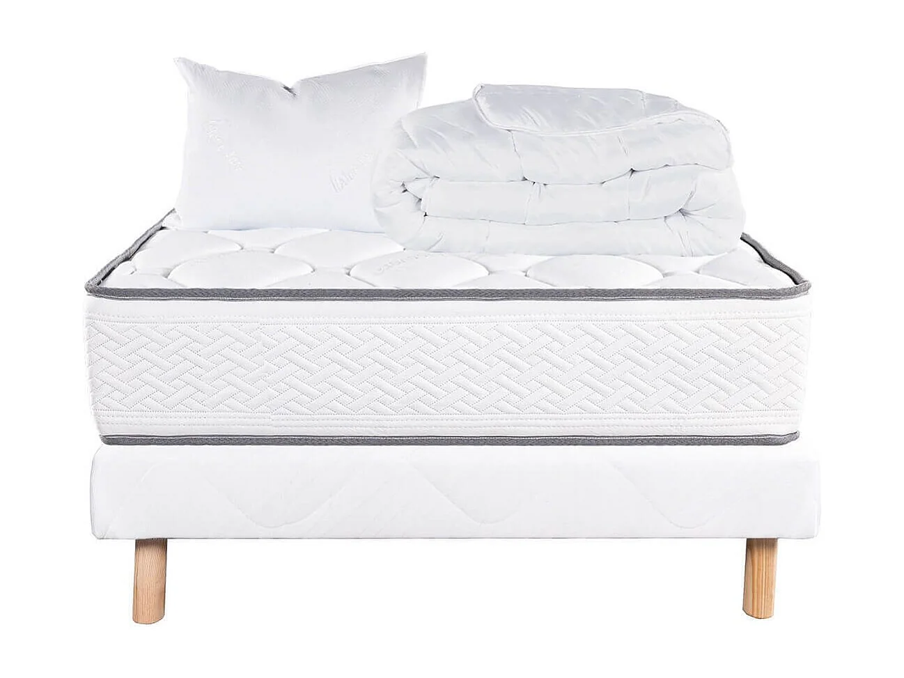 IZAC - Pack Matelas + Sommier Tapissier Blanc 90x190 cm + 1 Oreiller + 1 Couette