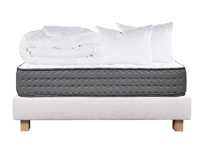 ZENITH - Pack Matelas + Sommier Tapissier Beige 140x190 cm + 2 Oreillers + 1 Couette