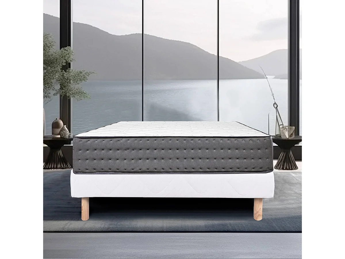 ZENITH - Ensemble Matelas Mousse Ep.20cm + Sommier Tapissier Beige 90x190 cm