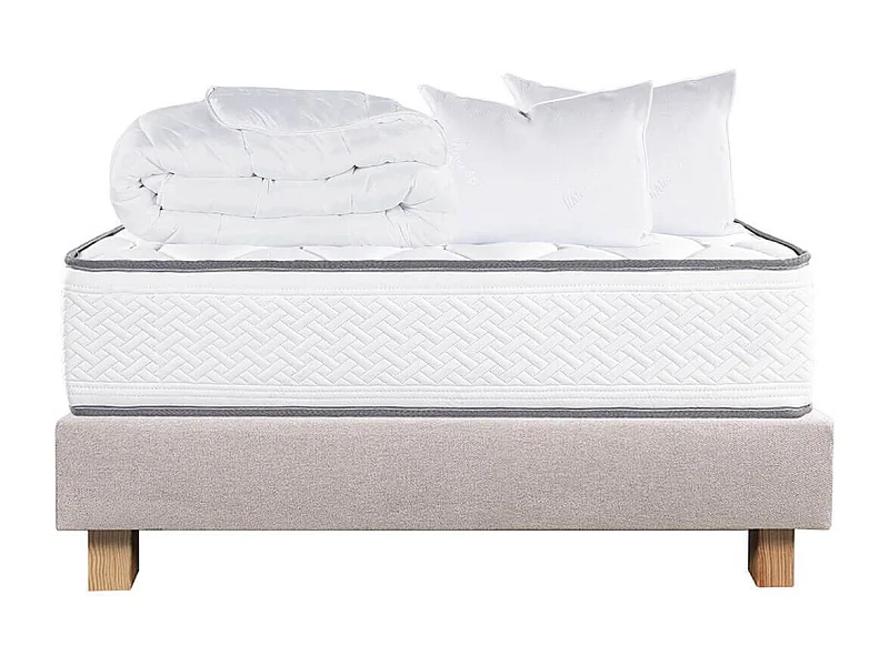 IZAC - Pack Matelas + Sommier Tapissier Beige 140x200 cm + 2 Oreillers + 1 Couette