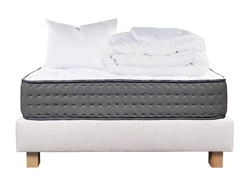 ZENITH - Pack Matelas + Sommier Tapissier Beige 90x190 cm + 1 Oreiller + 1 Couette