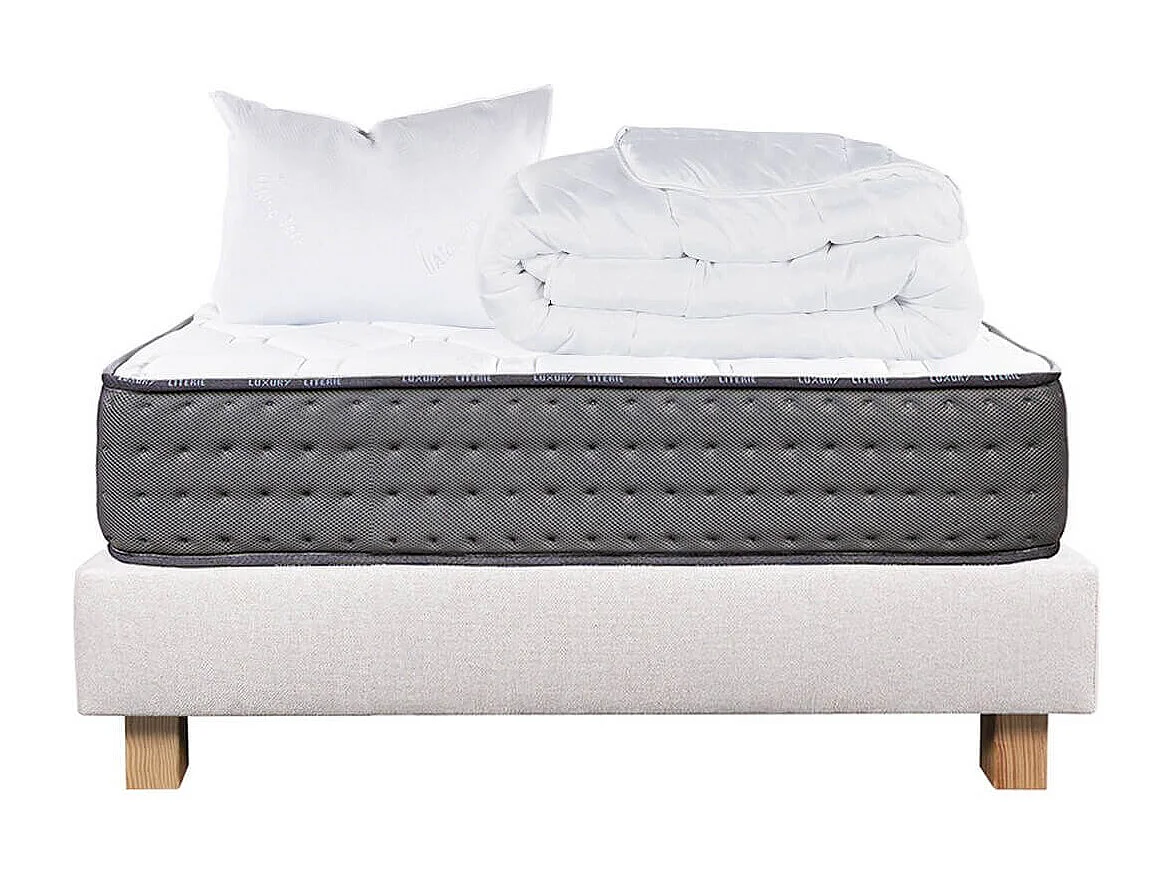 ZENITH - Pack Matelas + Sommier Tapissier Beige 90x190 cm + 1 Oreiller + 1 Couette