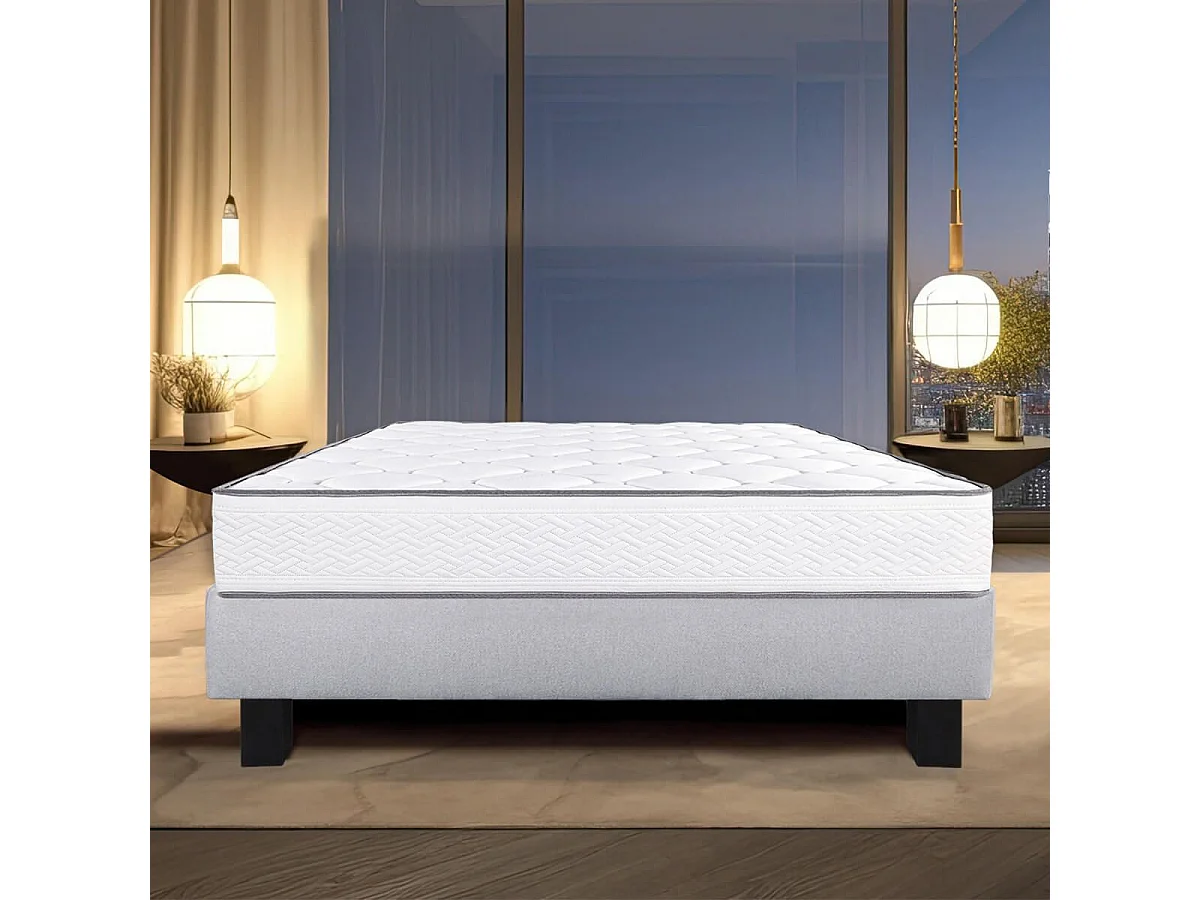 IZAC - Ensemble Matelas Mousse Ep.20cm + Sommier Tapissier Gris 140x200 cm