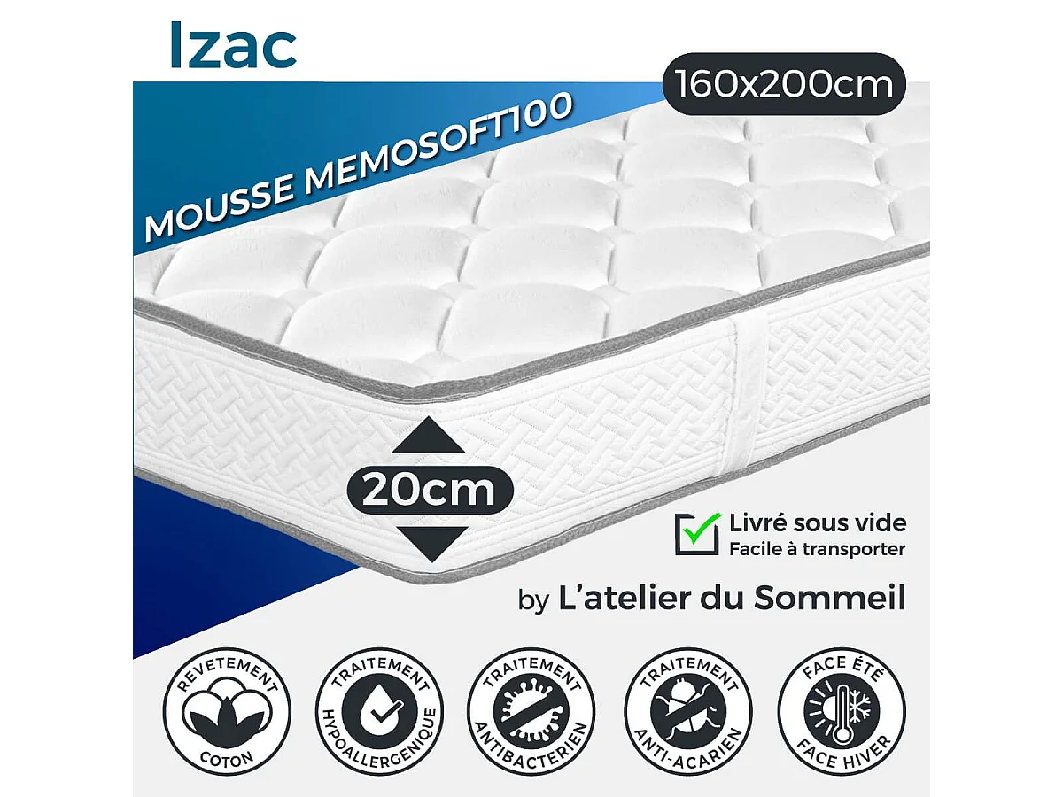 IZAC - Pack Matelas + Sommier Tapissier Gris 160x200 cm + 2 Oreillers + 1 Couette